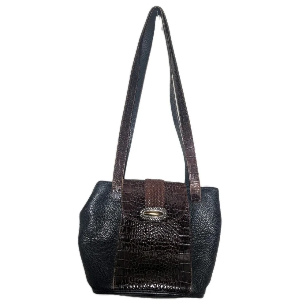 Vintage Brighton Black Pebbled Leather w/ Brown Croc Trim Shoulder Handbag